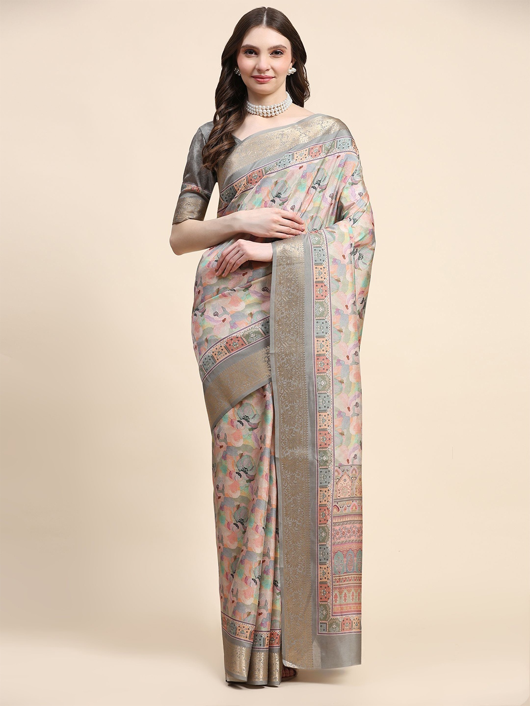 

PRATIBIMB Ethnic Motifs Zari Pure Silk Saree, Grey
