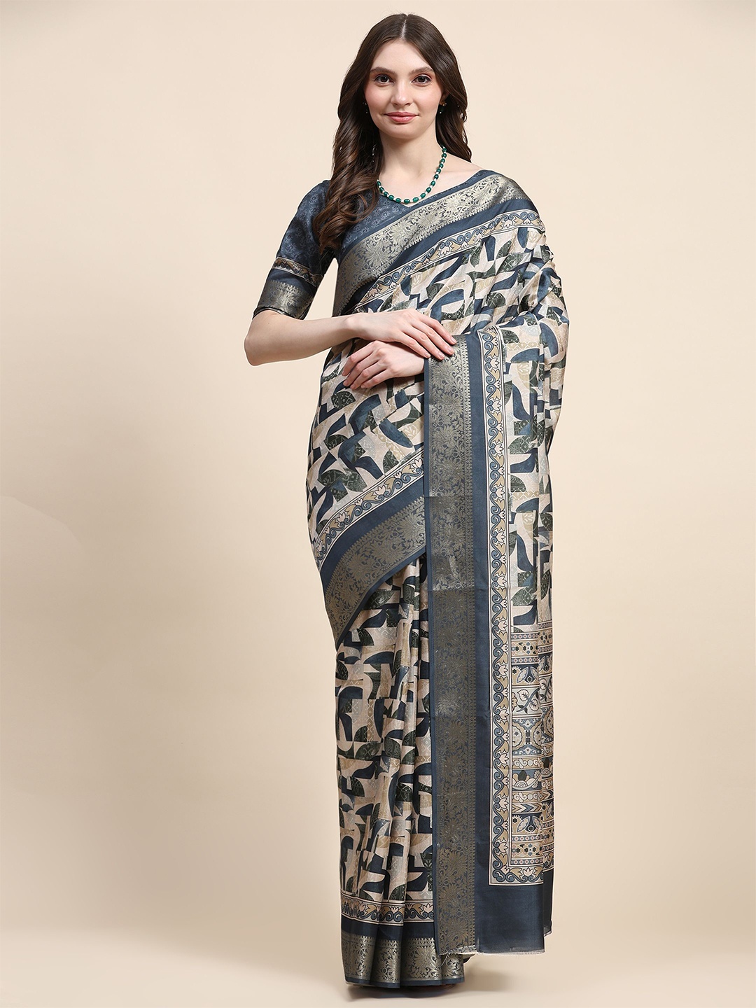 

PRATIBIMB Abstract printed Zari Pure Silk Saree, Navy blue