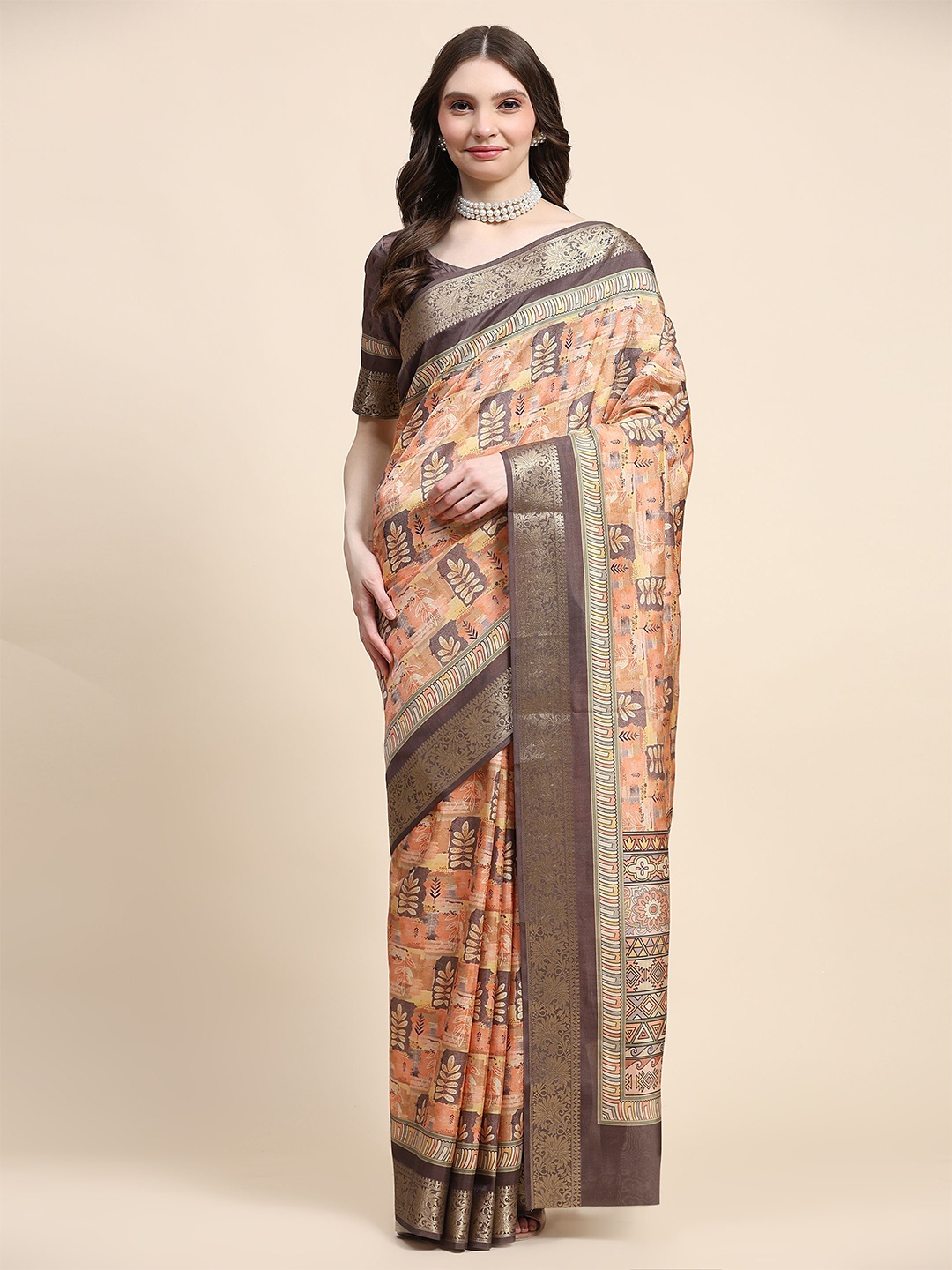 

PRATIBIMB Ethnic Motifs Zari Pure Silk Saree, Brown