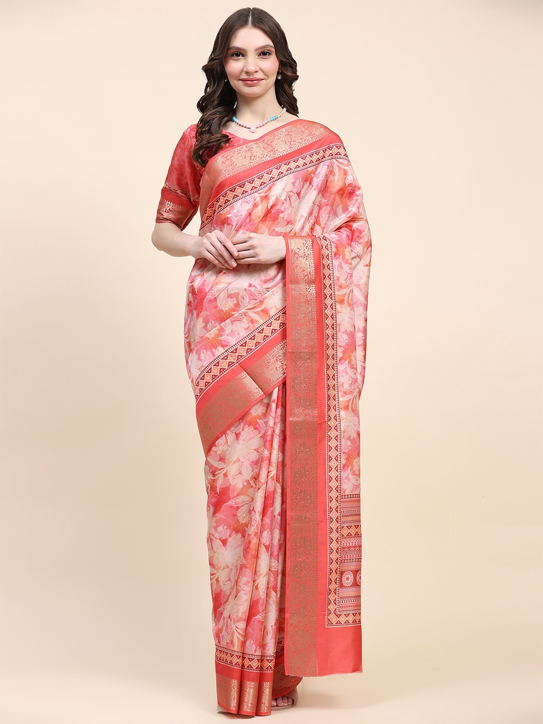 

PRATIBIMB Floral Zari Pure Silk Saree, Coral