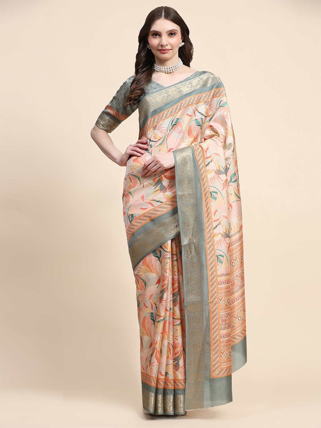 

PRATIBIMB Floral Zari Pure Silk Saree, Grey