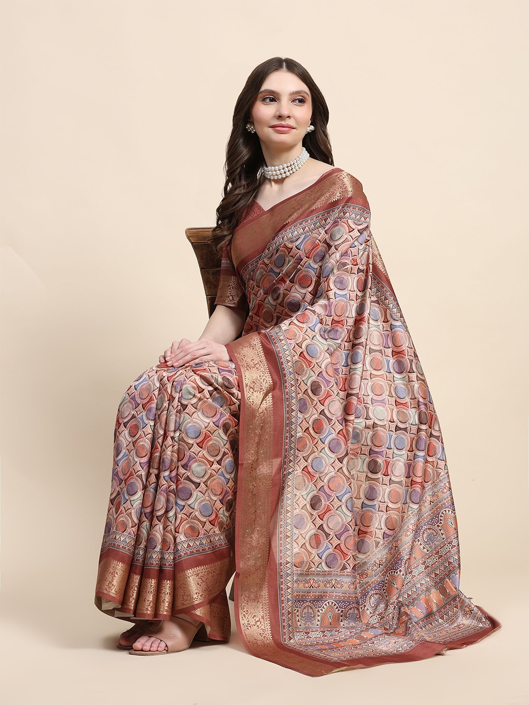 

PRATIBIMB Geometric Printed Zari Pure Silk Saree, Maroon