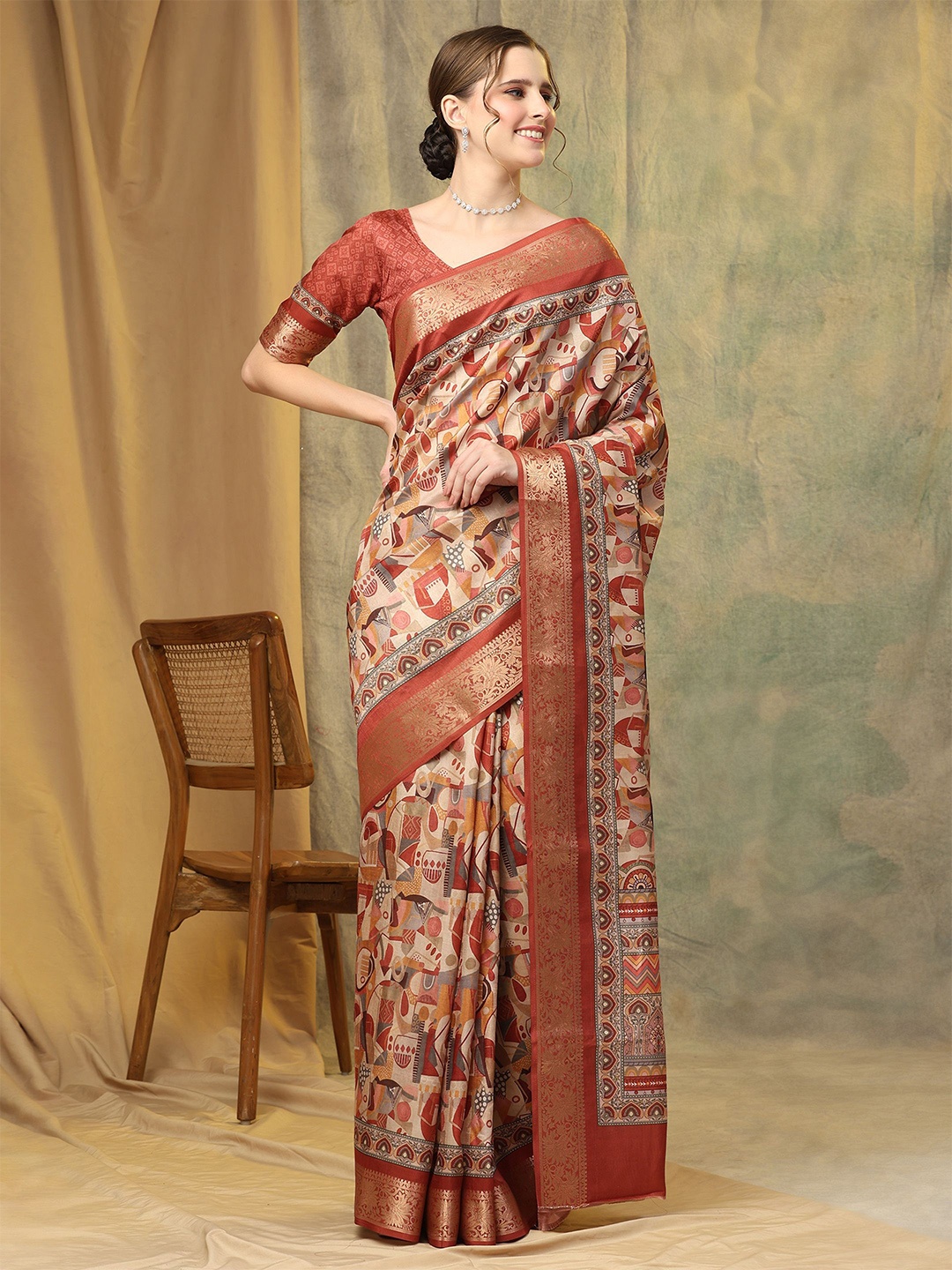 

PRATIBIMB Ethnic Motifs Zari Pure Silk Saree, Rust