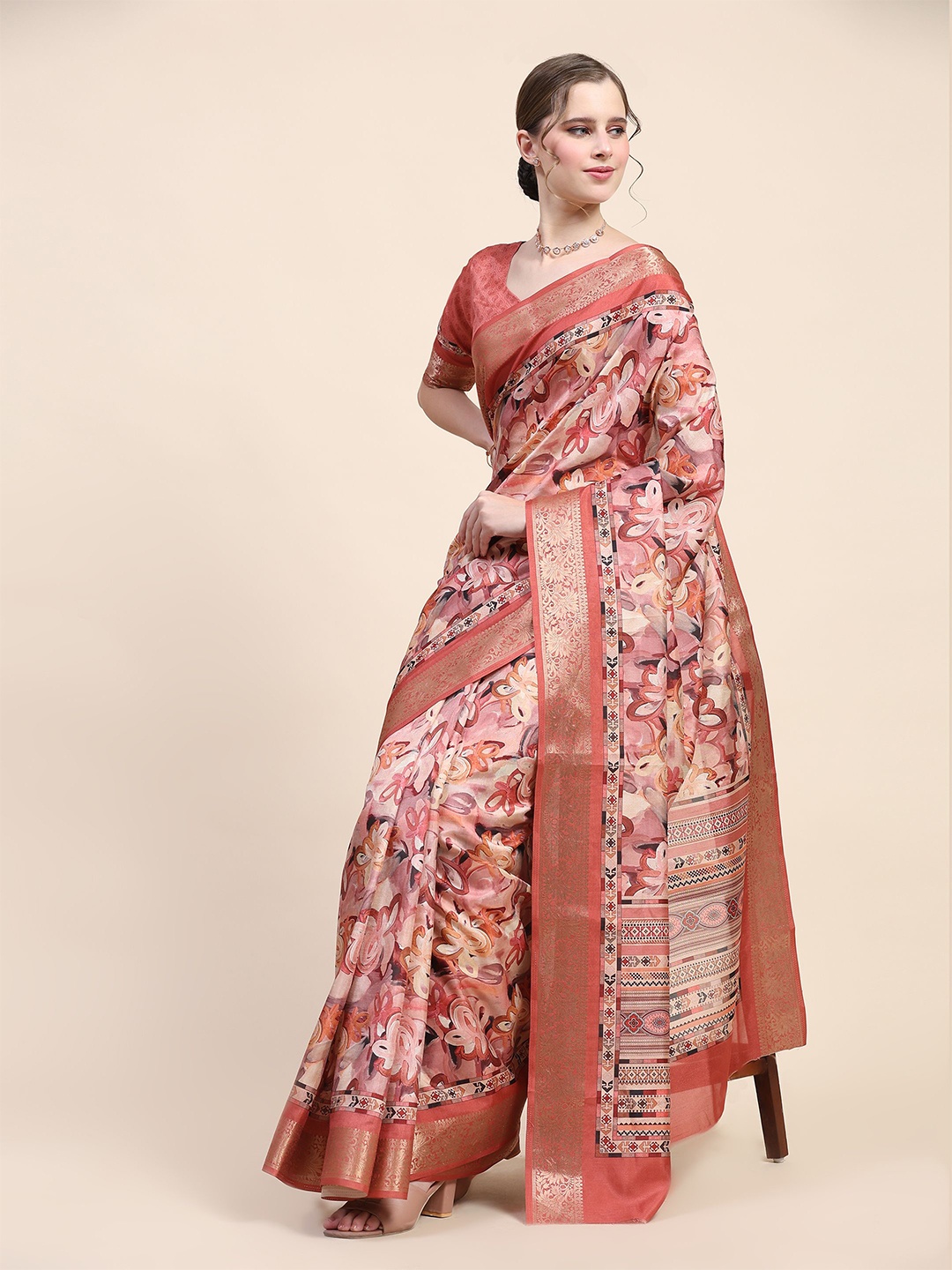 

PRATIBIMB Ethnic Motifs Zari Pure Silk Saree, Pink