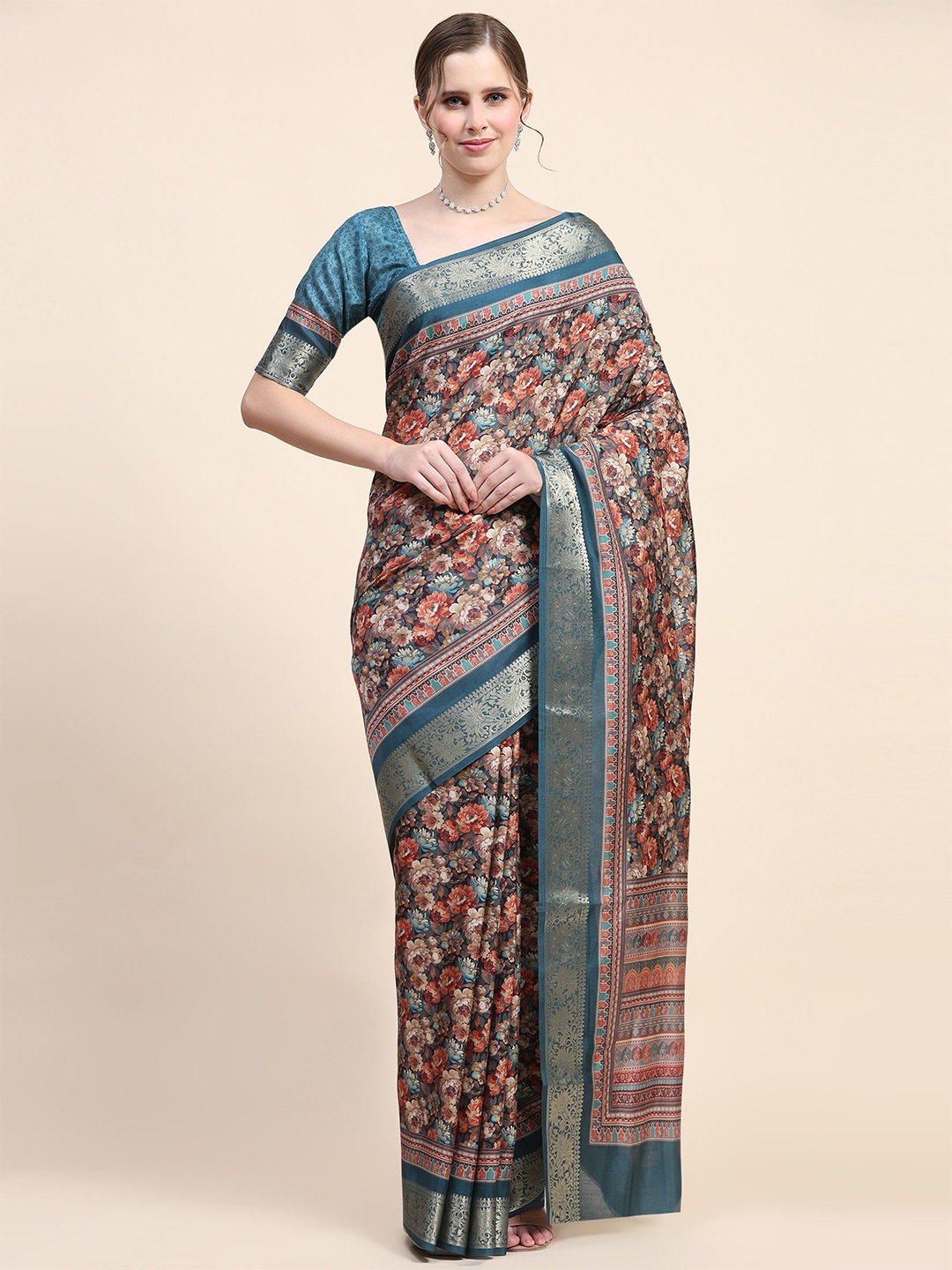 

PRATIBIMB Ethnic Motifs Zari Pure Silk Saree, Blue