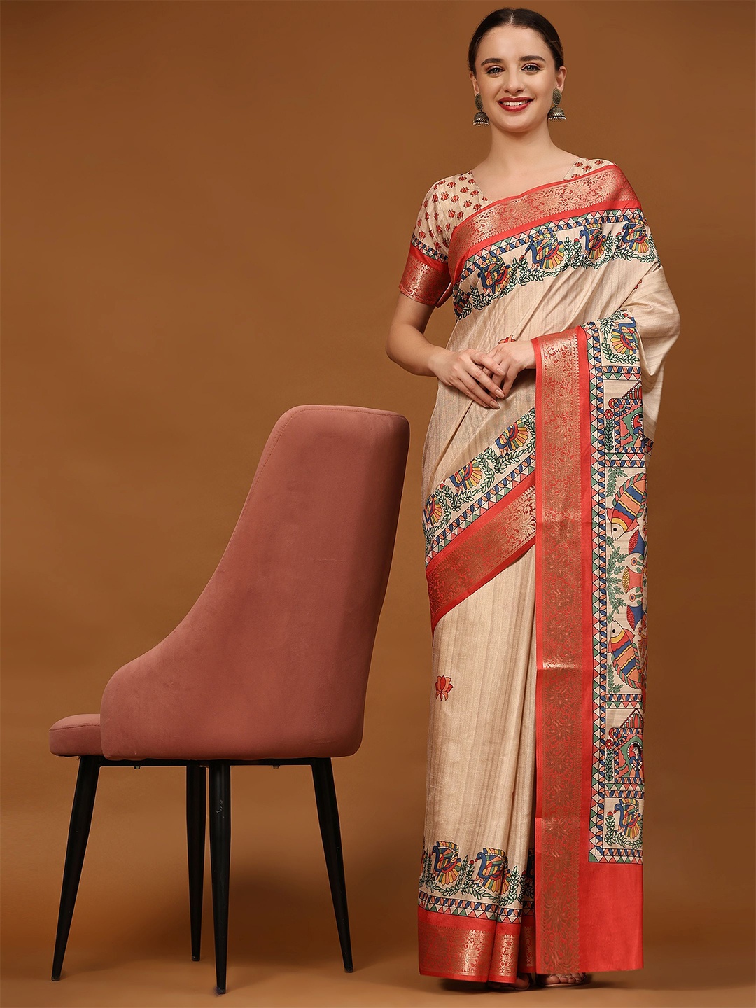 

PRATIBIMB Ethnic Motifs Zari Pure Silk Saree, Orange