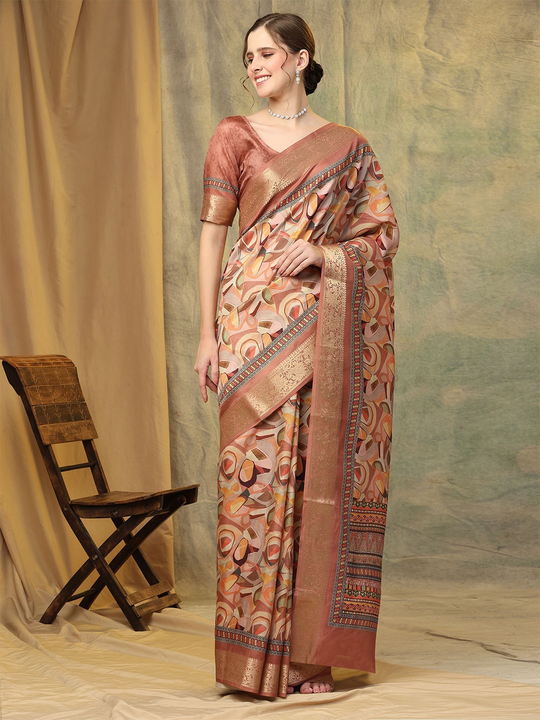 

PRATIBIMB Geometric Printed Zari Pure Silk Saree, Brown