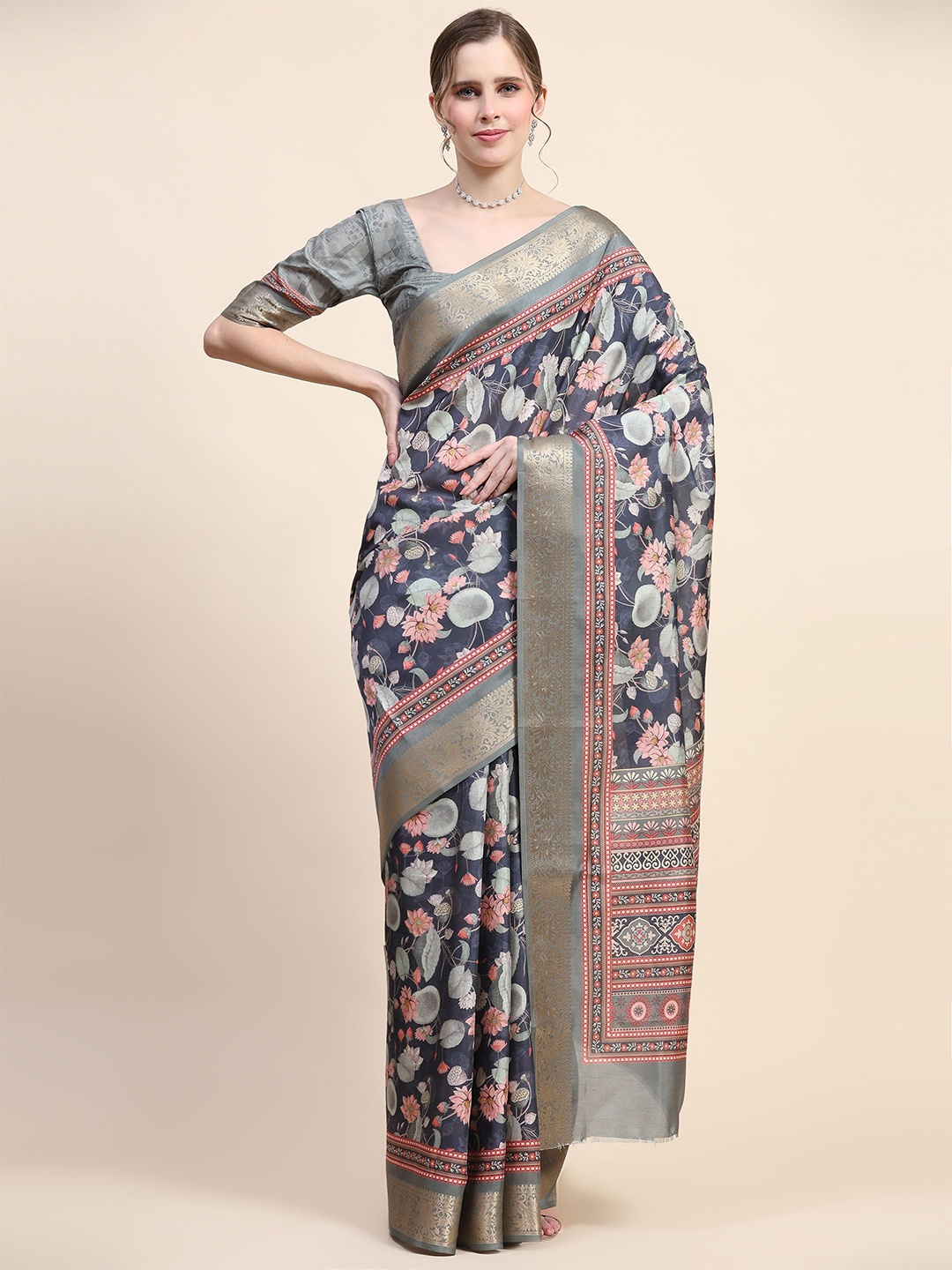 

PRATIBIMB Floral Zari Pure Silk Saree, Navy blue