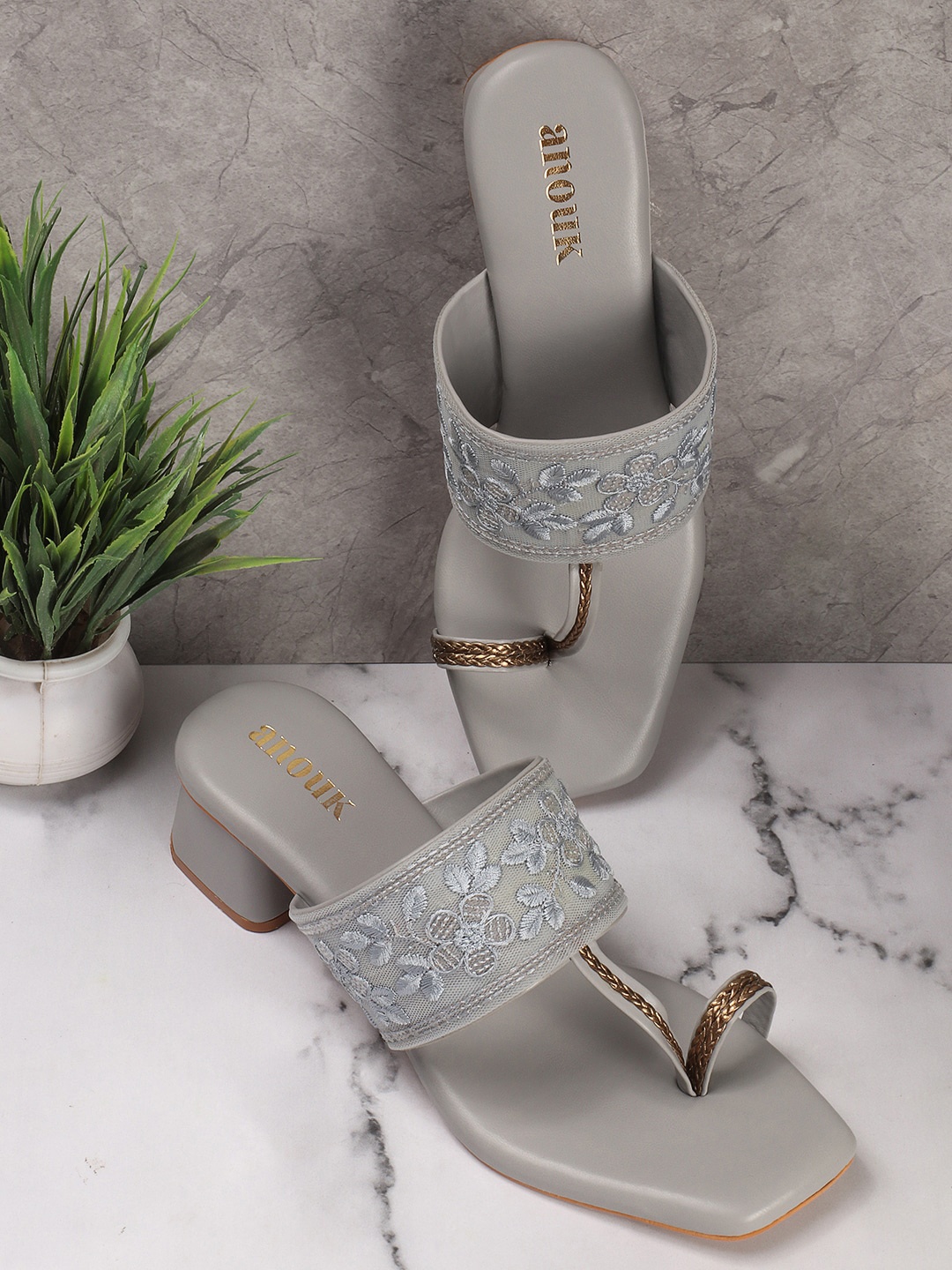 

Anouk Grey Embellished Open Toe Block Heels