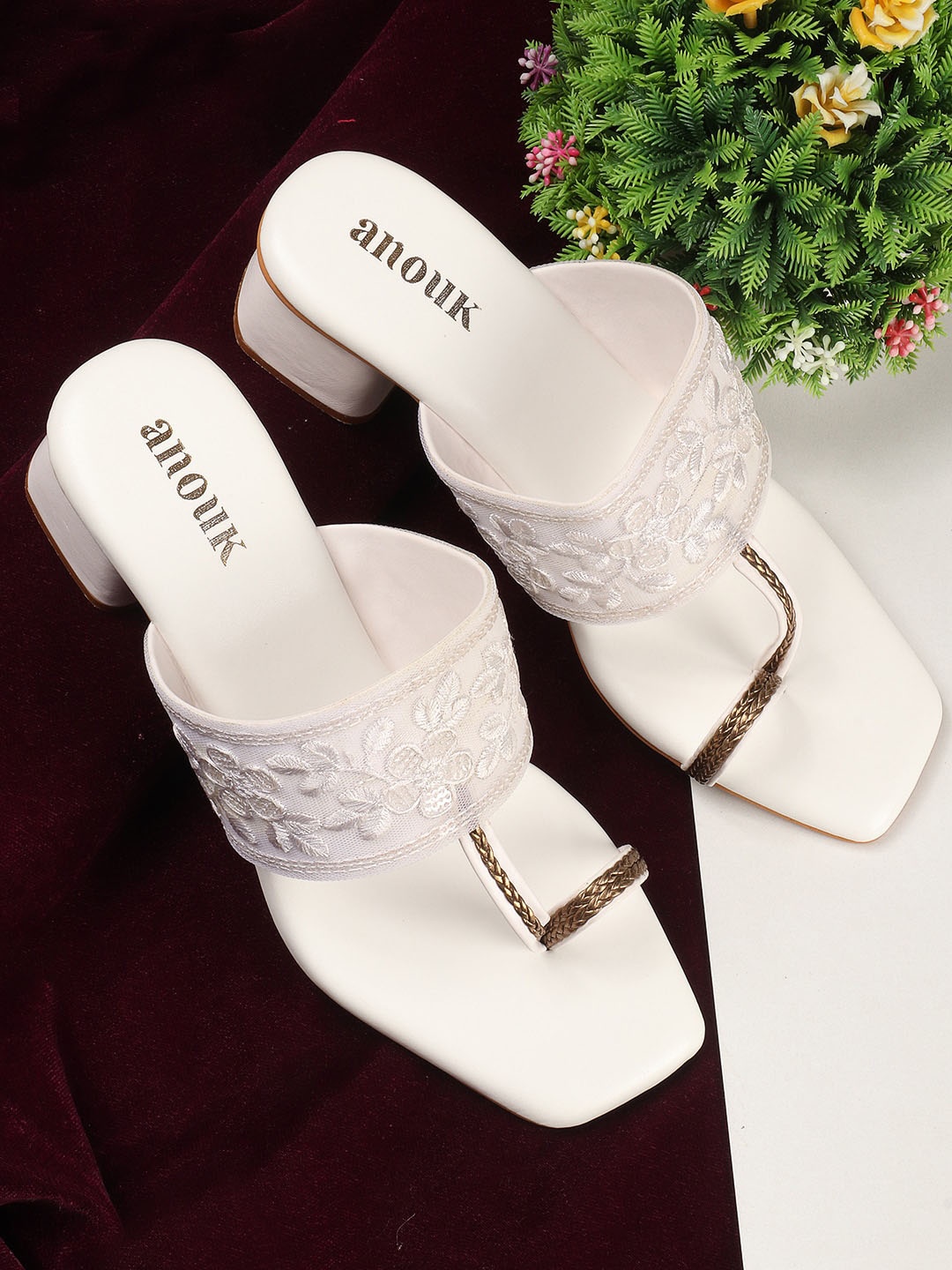 

Anouk White Embellished Open Toe Block Heels