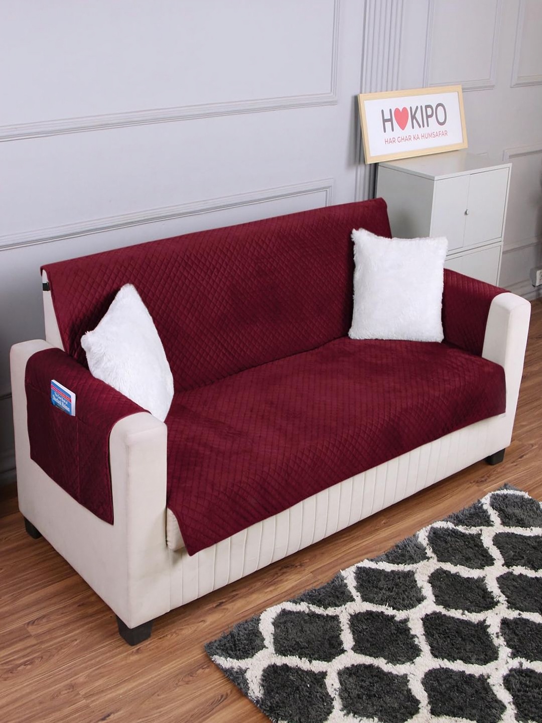 

HOKIPO Red Velvet 2 Seater Sofa Cover With Arms Mat with Pockets