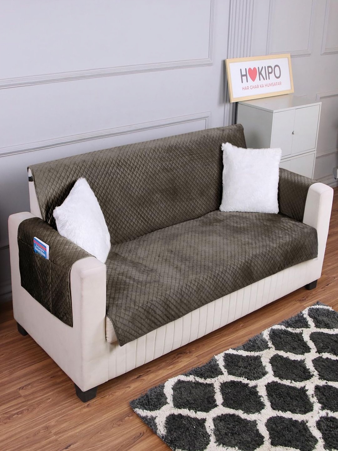 

HOKIPO Velvet Grey Melange 4 Seater Quilted Sofa Cover Protector with Pockets