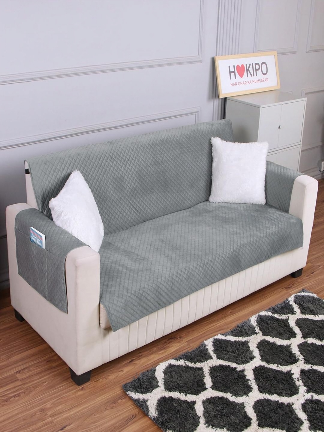 

HOKIPO Fossil Grey Velvet 2 Seater Quilted Sofa Cover with Pockets