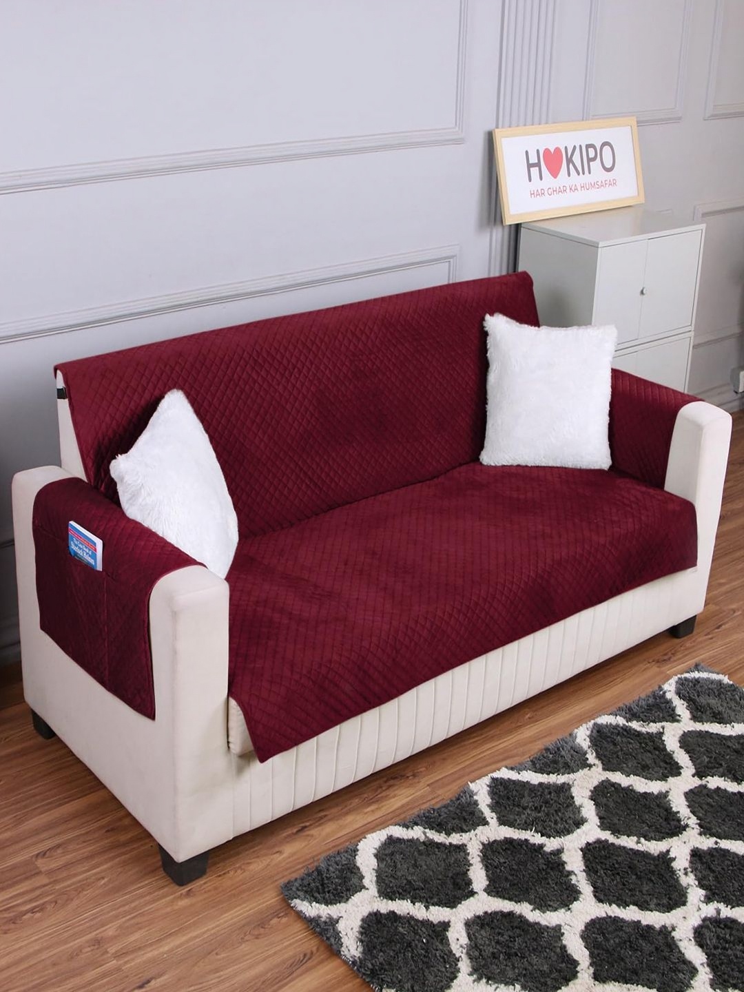 

HOKIPO Velvet 4 Seater Quilted Sofa Cover Mat with Pockets, Red