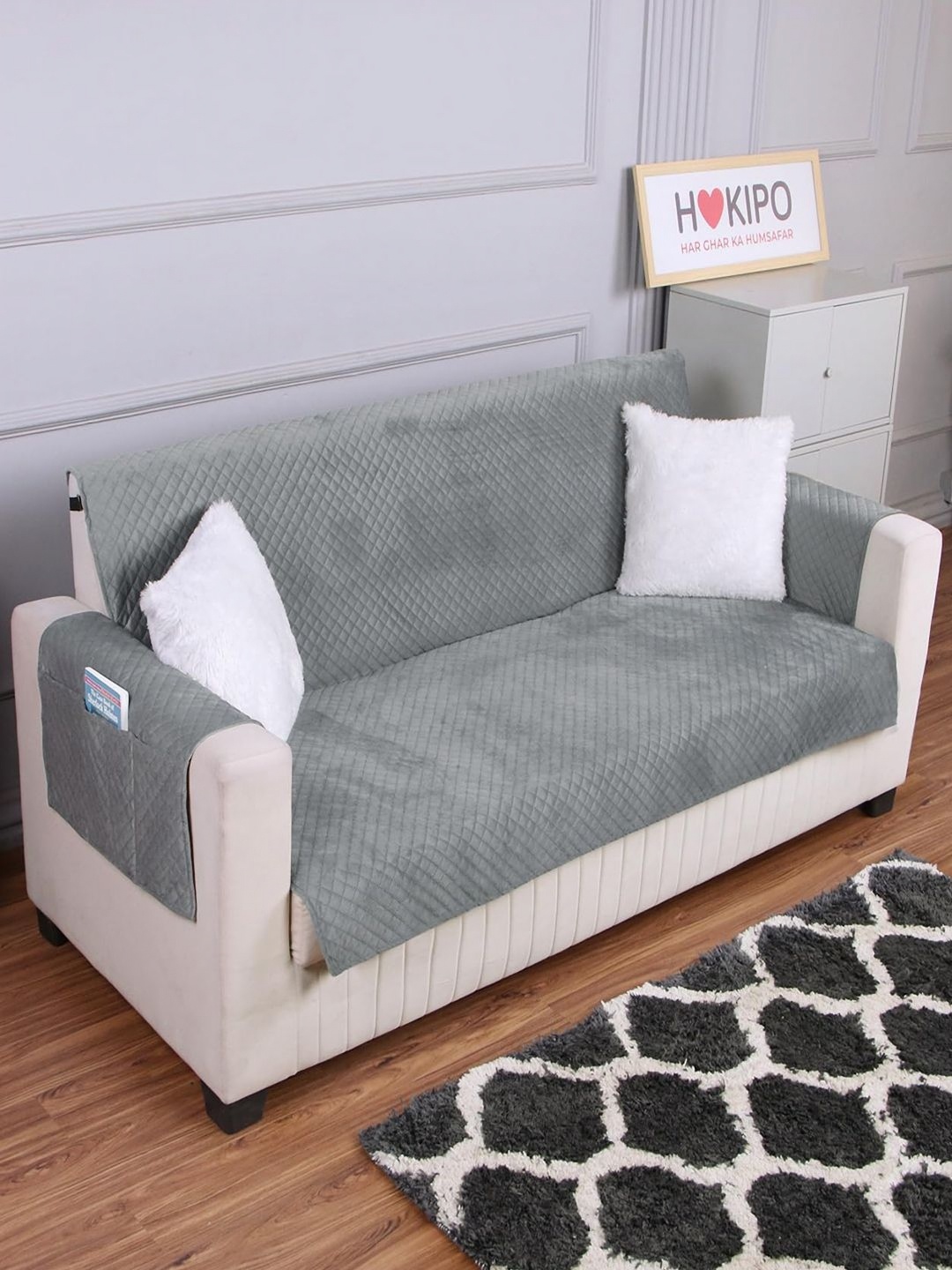 

HOKIPO Grey 4 Seater Quilted Velvet Sofa Cover With Arms