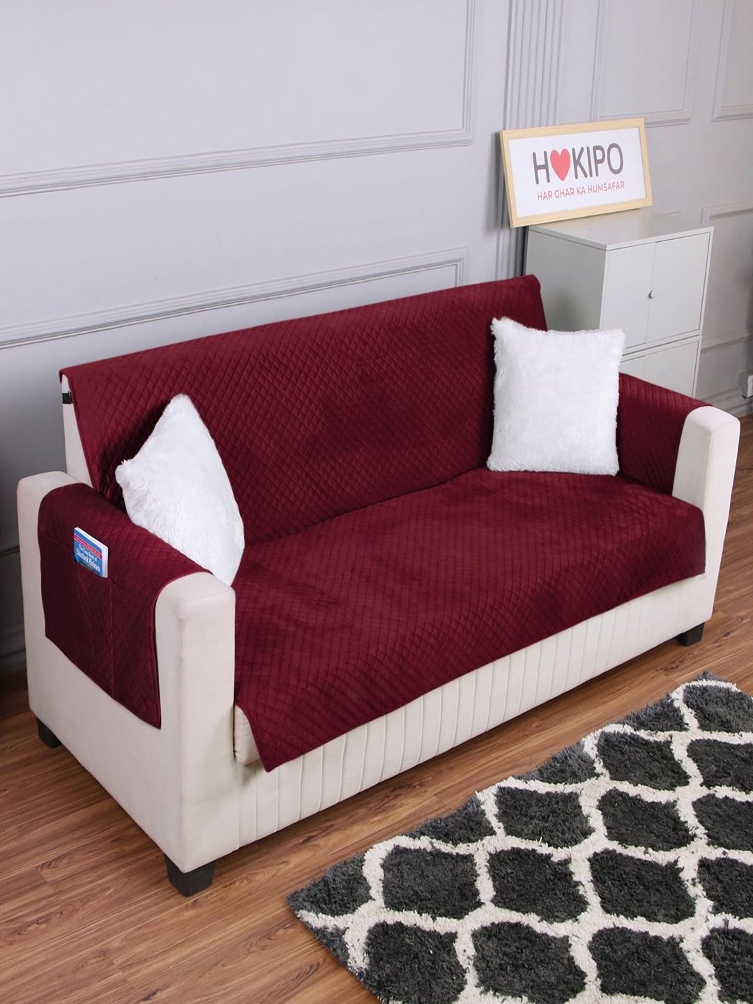 

HOKIPO Red 3 Seater Quilted Velvet Sofa Cover With Arms
