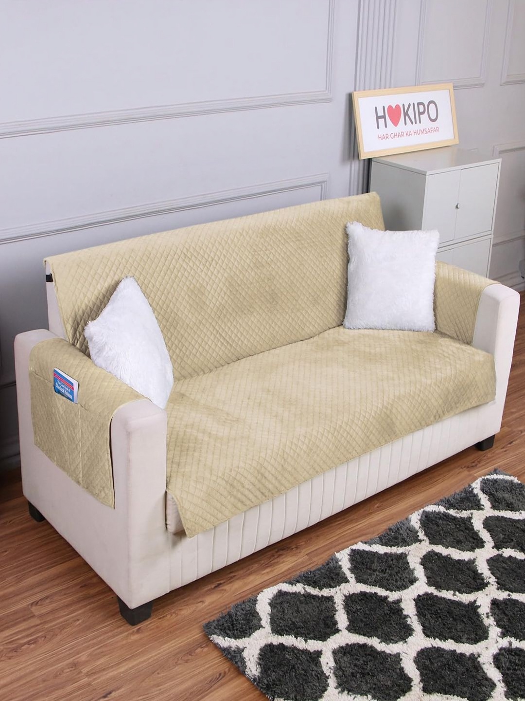 

HOKIPO Velvet 2 Seater Quilted Sofa Mat with Pockets, Beige
