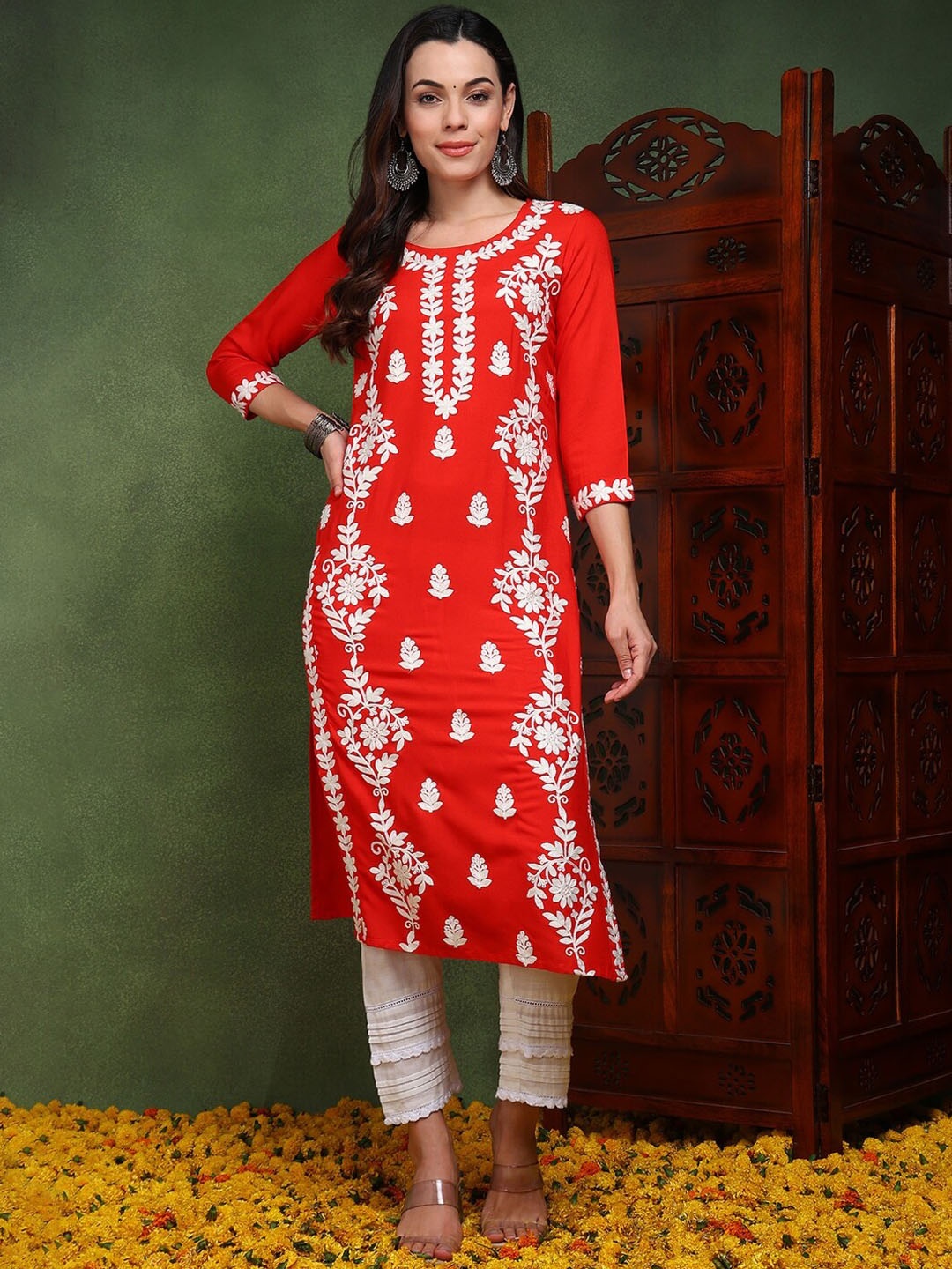KALINI Floral Embroidered Round Neck Chikankari Straight Kurta, Red