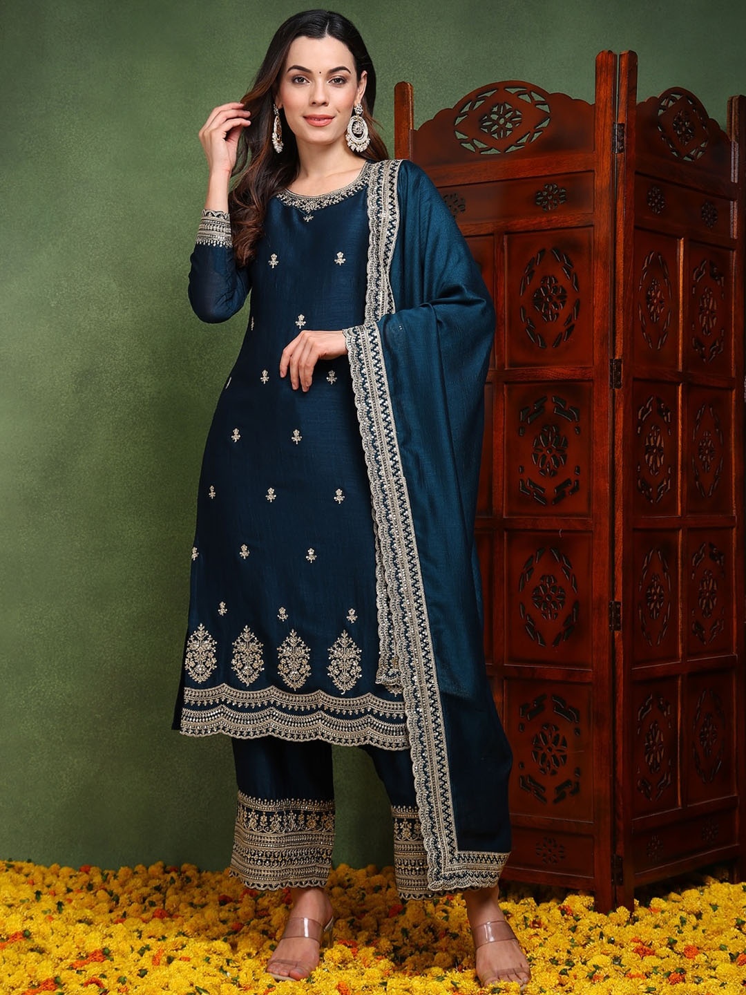 

KALINI Ethnic Motifs Embroidered Thread Work Straight Kurta with Palazzos & Dupatta, Teal