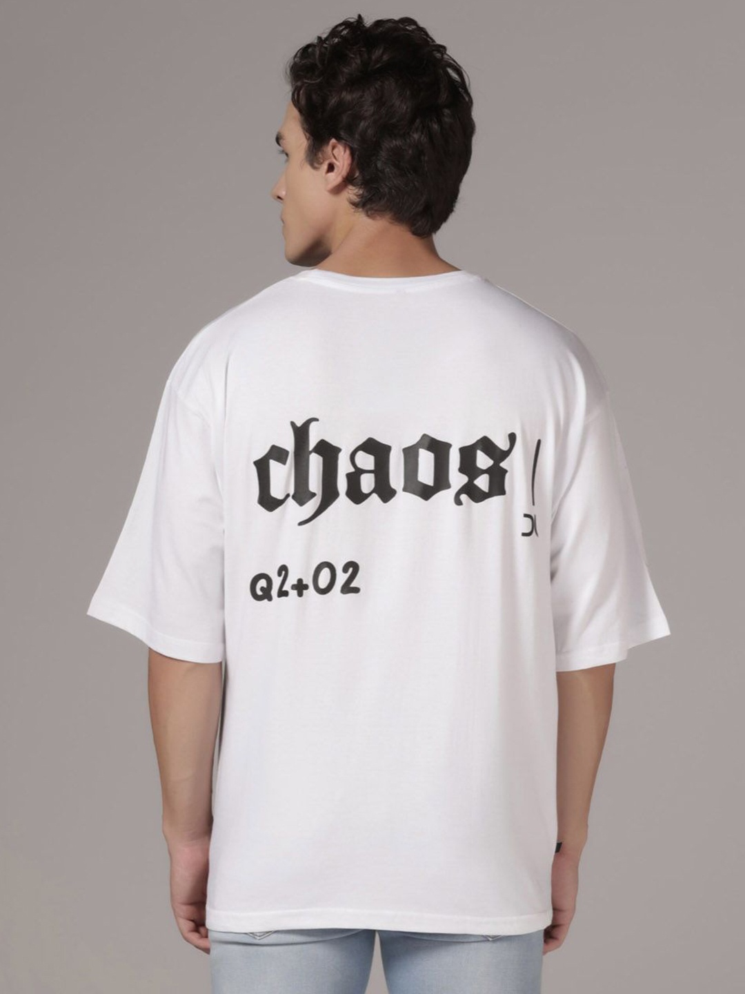 

DI LUSSO Round Neck Drop Shoulder Sleeves Typographic Printed Oversized Cotton T-shirt, White