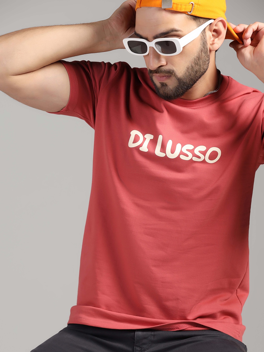 

DI LUSSO Typography Printed Round Neck Cotton T-shirt, Red