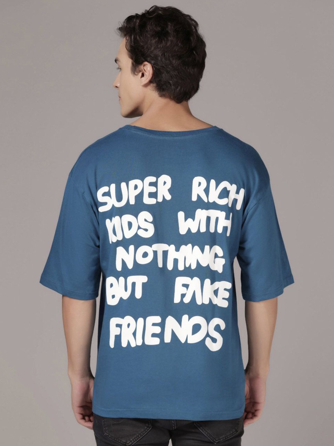 

DI LUSSO Typography Printed Drop-Shoulder Sleeves Cotton Oversized T-shirt, Navy blue