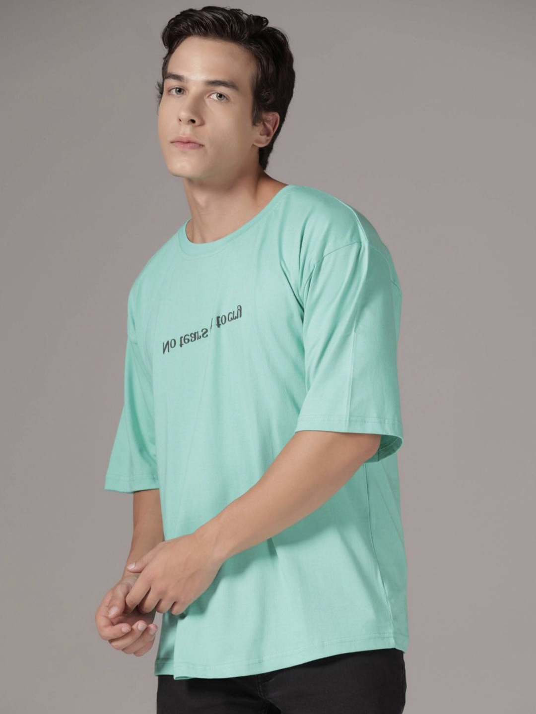 

DI LUSSO Typography Printed Round Neck Cotton Oversized T-shirt, Blue
