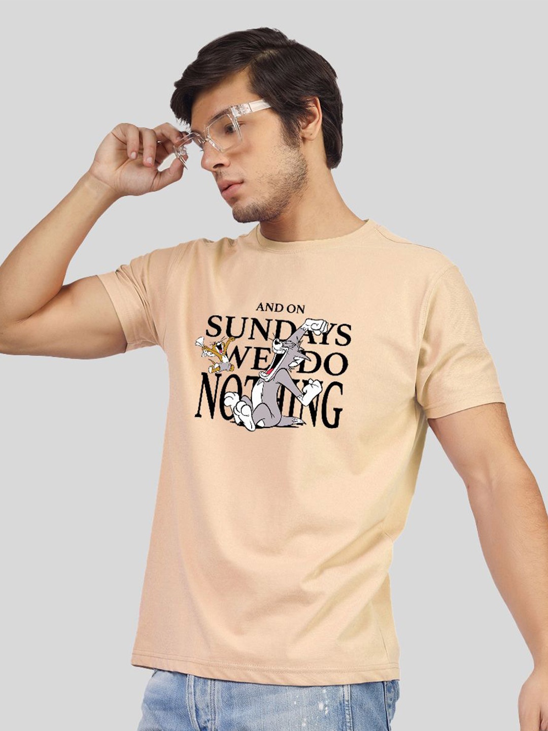 

Greylongg Men Round Neck Typography Printed T-shirt, Beige