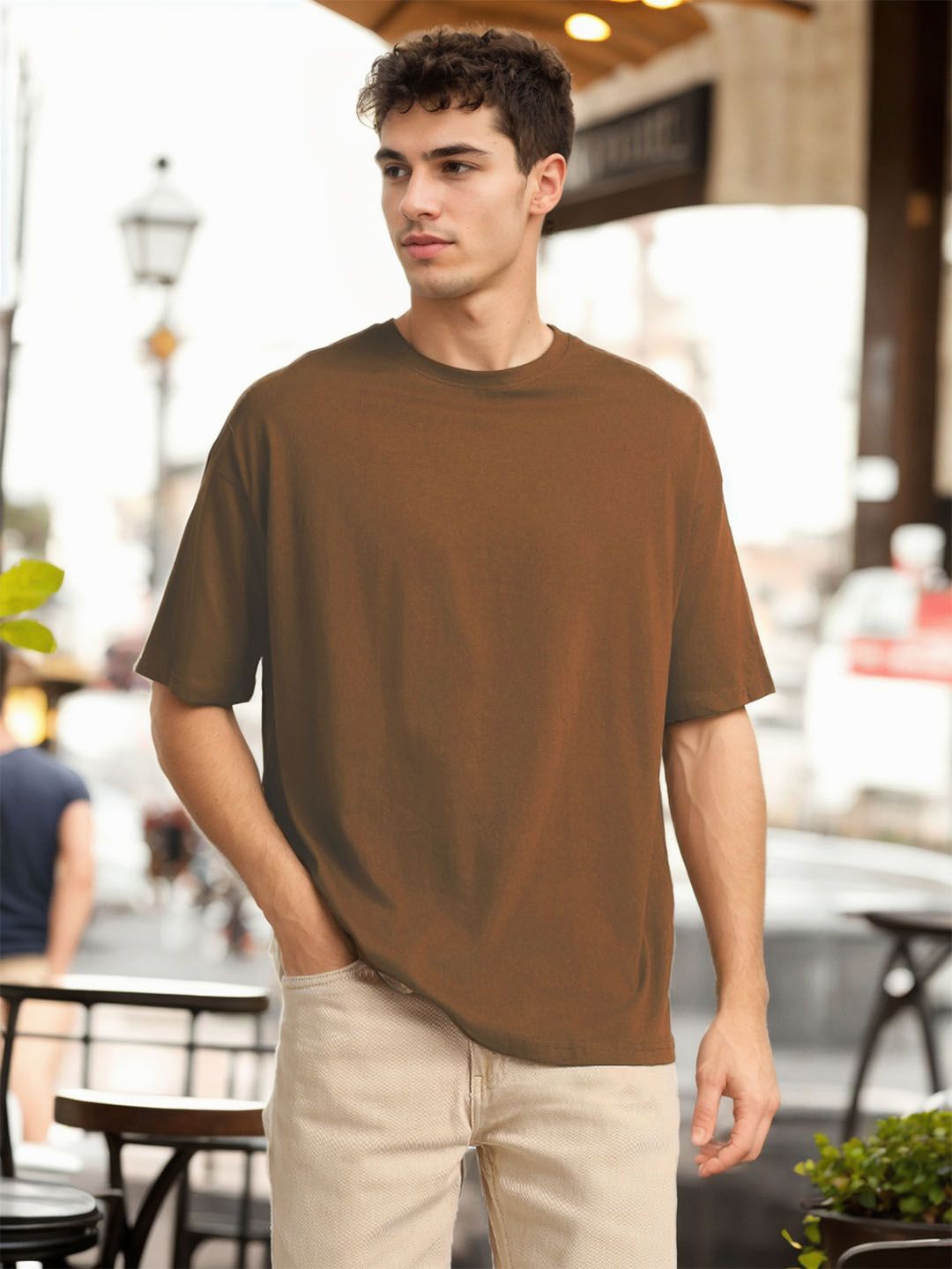 

NOBERO Round Neck Drop-Shoulder Short Sleeves Oversized Cotton T-shirt, Brown