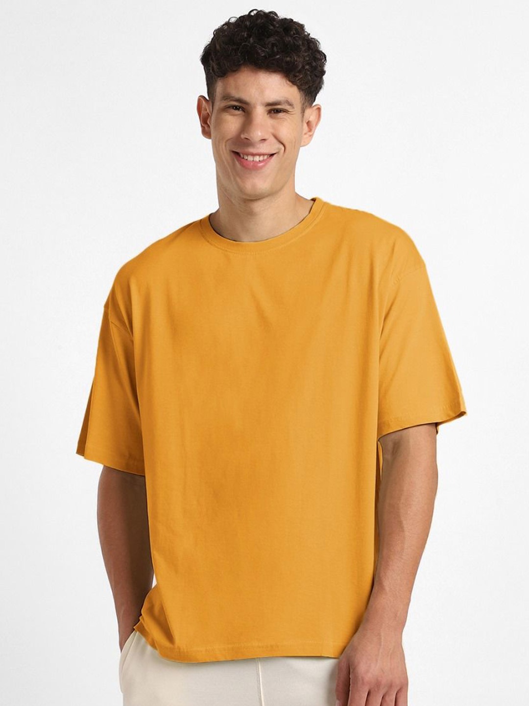 

NOBERO Round Neck Drop Shoulder Short Sleeves Cotton Oversized T-shirt, Yellow
