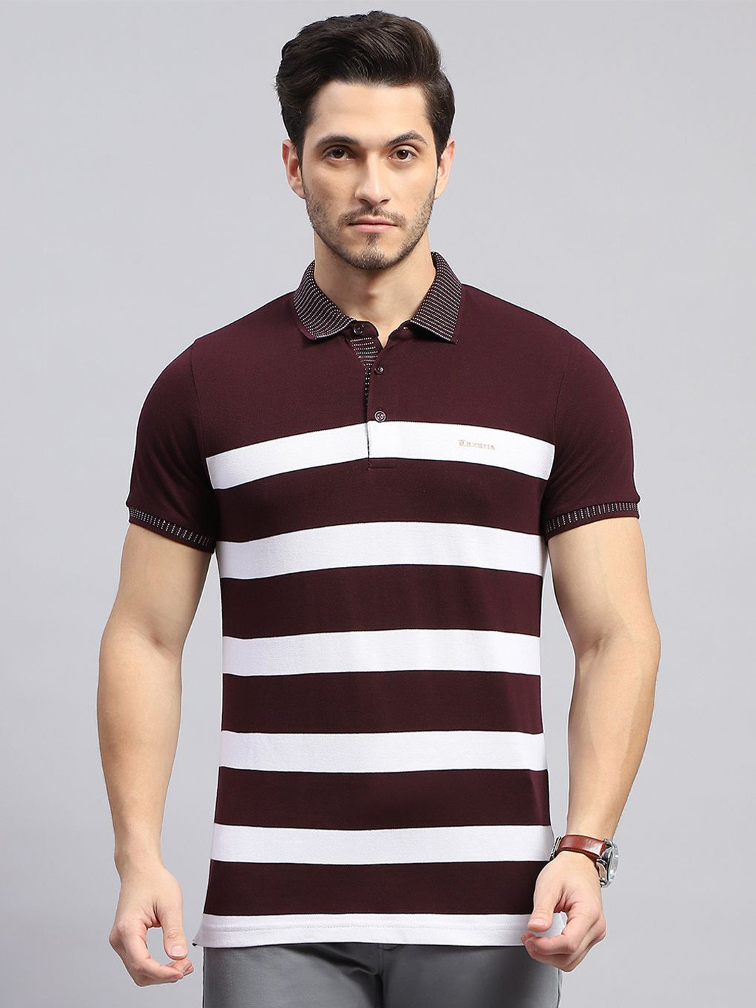 

Monte Carlo Striped Polo Collar Short Sleeves Regular Fit Cotton T-shirt, Maroon