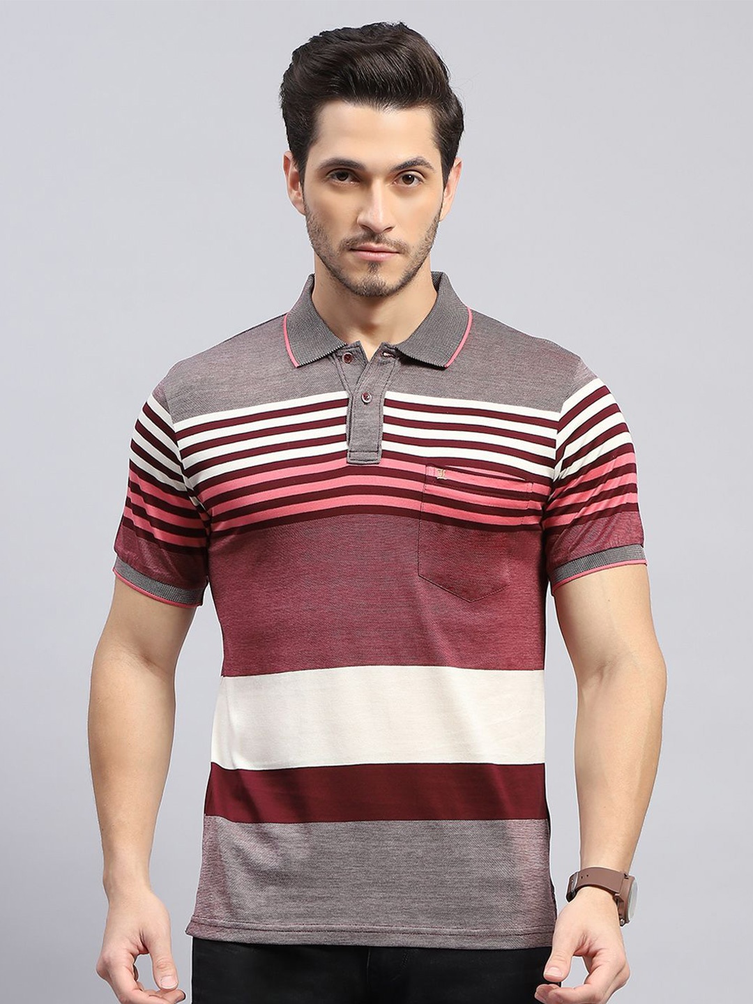 

Monte Carlo Striped Polo Collar Short Sleeves Pockets Regular Fit Cotton T-shirt, Maroon