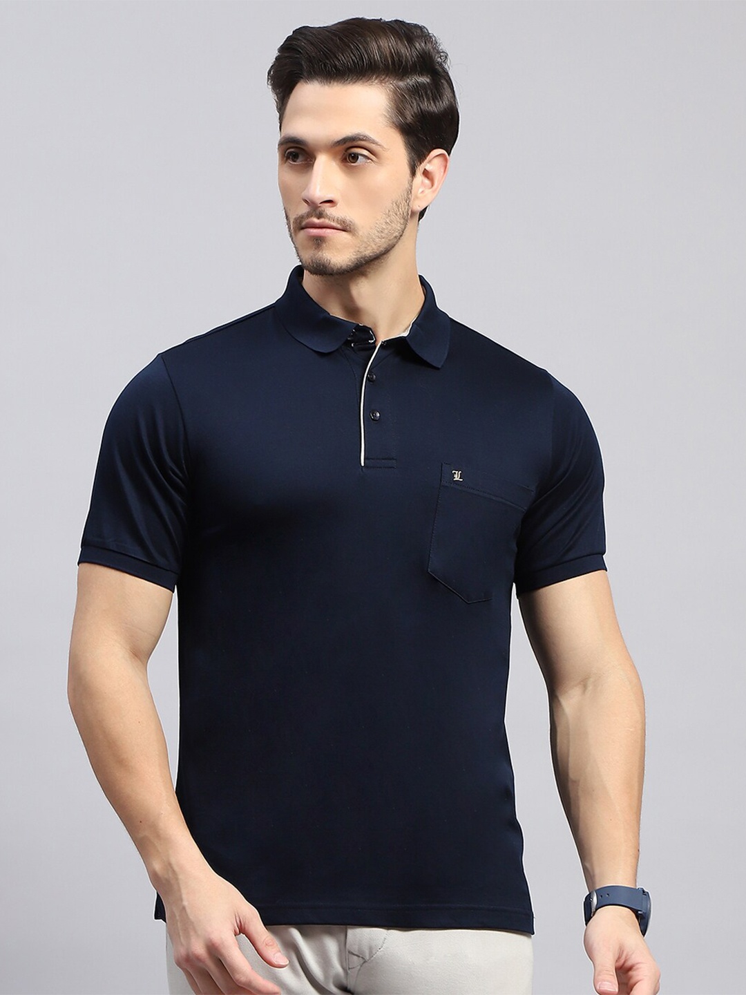 

Monte Carlo Men Polo Collar Pockets Cotton T-shirt, Navy blue