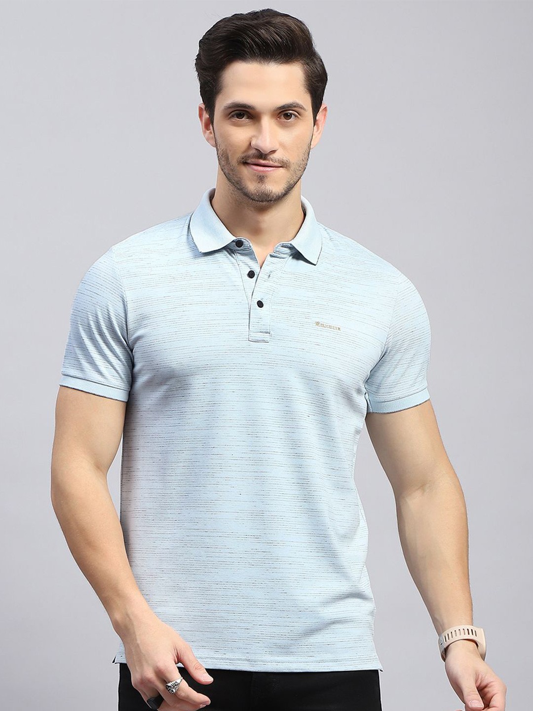 

Monte Carlo Striped Polo Collar Short Sleeves Regular Fit Cotton T-shirt, Blue