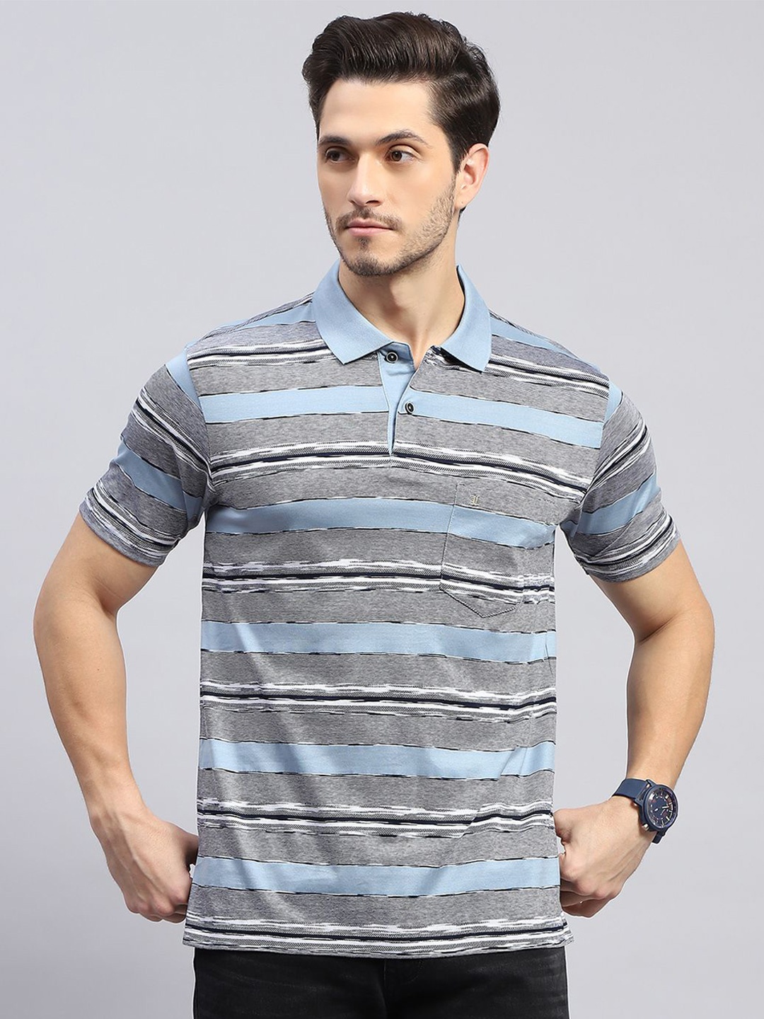 

Monte Carlo Striped Polo Collar Pockets Regular Fit Cotton T-shirt, Blue