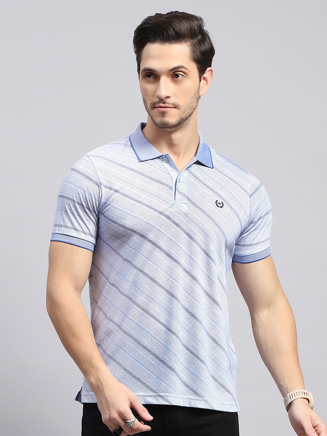 

Monte Carlo Striped Polo Collar Short Sleeves Regular Fit Cotton T-shirt, Blue