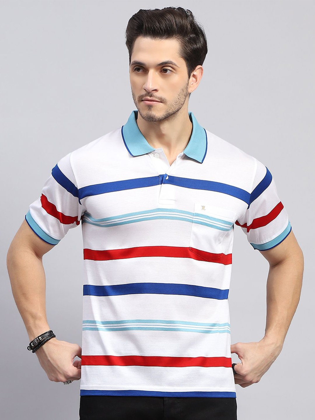 

Monte Carlo Striped Polo Collar Short Sleeves Pockets Regular Fit Cotton T-shirt, White