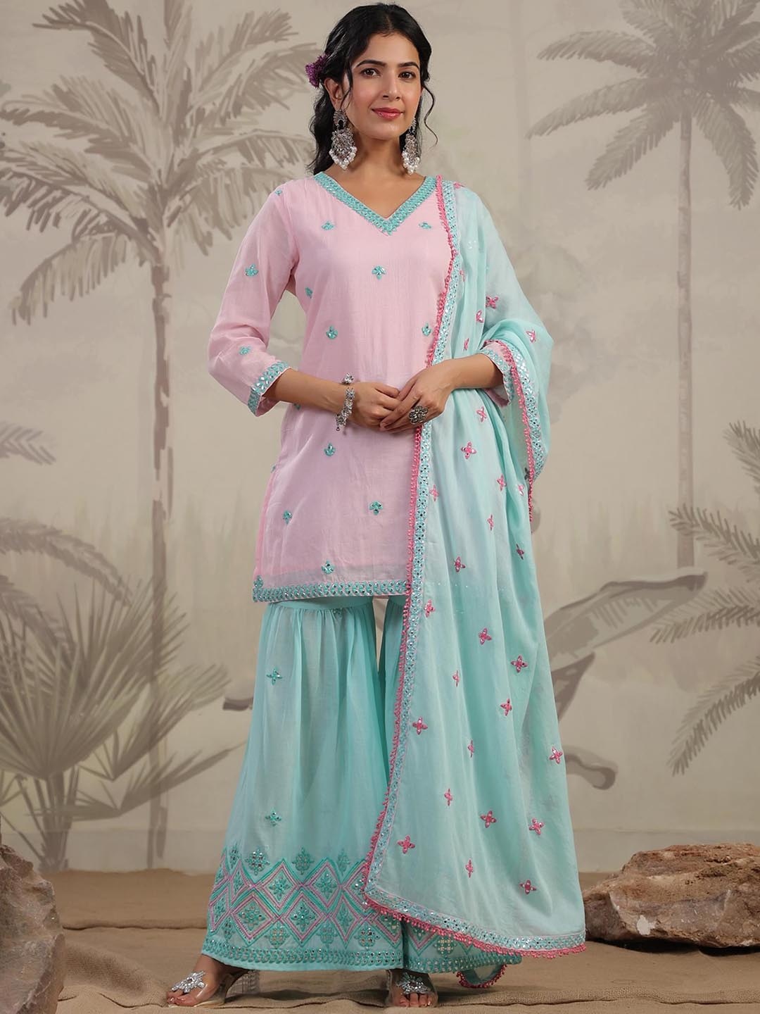 

SCAKHI Floral Embroidered Mirror Work Mulmul Cotton Straight Kurta With Sharara & Dupatta, Pink