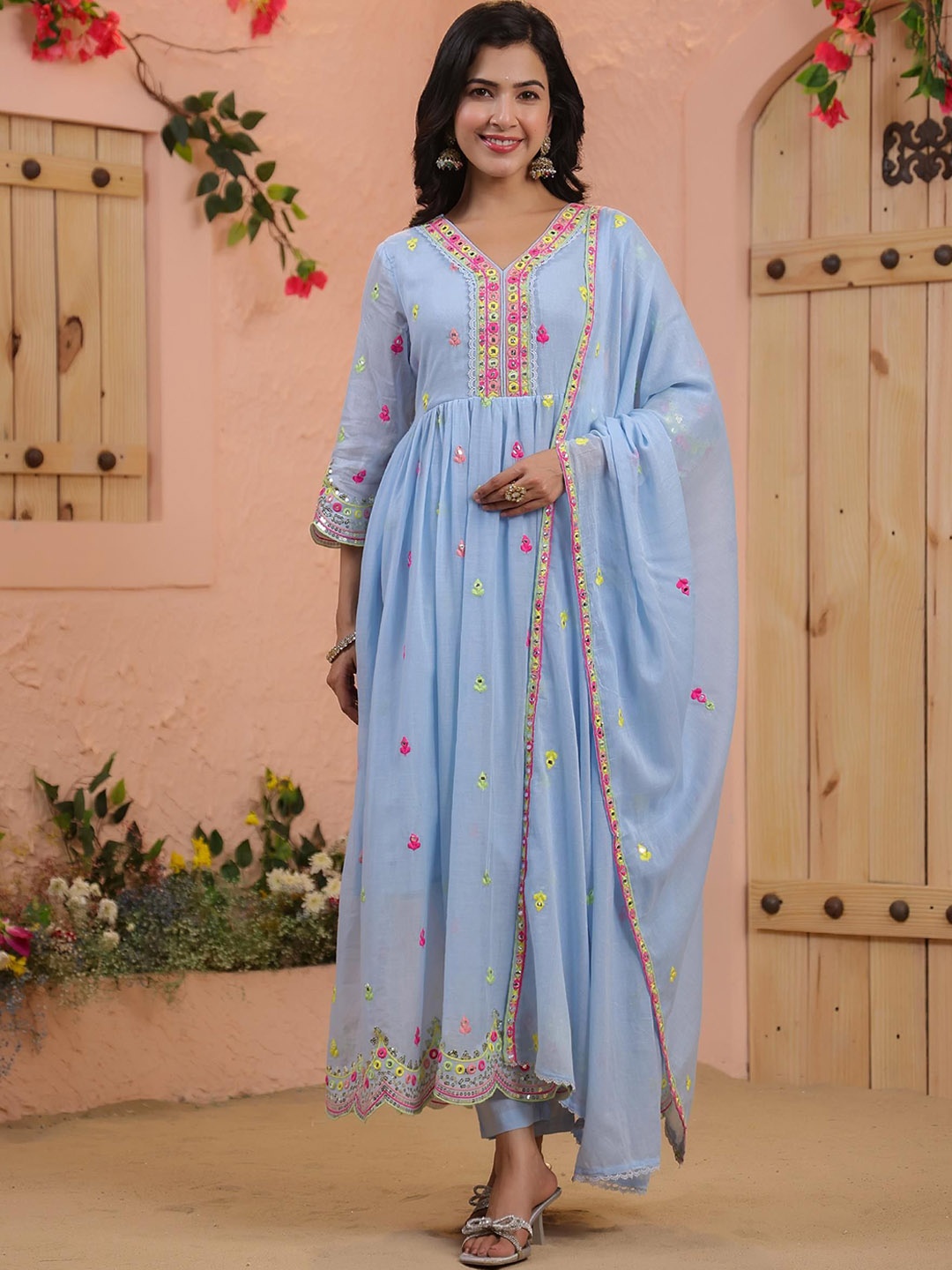 

SCAKHI Embroidered Mirror Work Mulmul Cotton Anarkali Kurta With Trousers & Dupatta, Blue