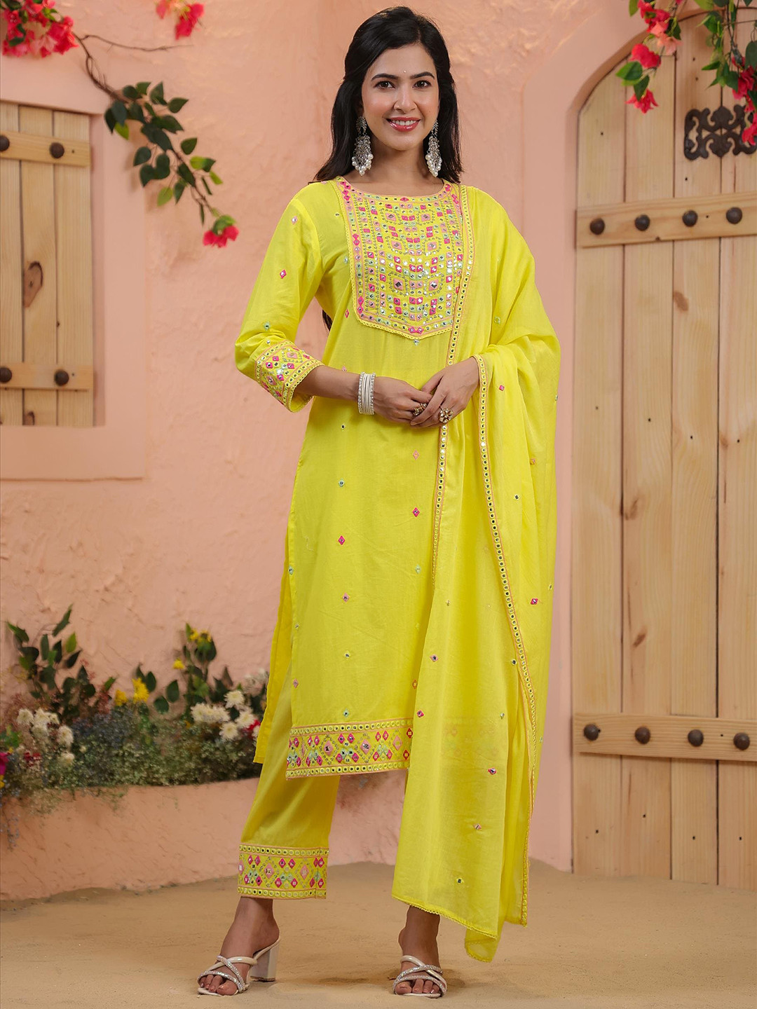 

SCAKHI Ethnic Embroidered Round Neck Pure Cotton Straight Kurta with Trousers & Dupatta, Yellow