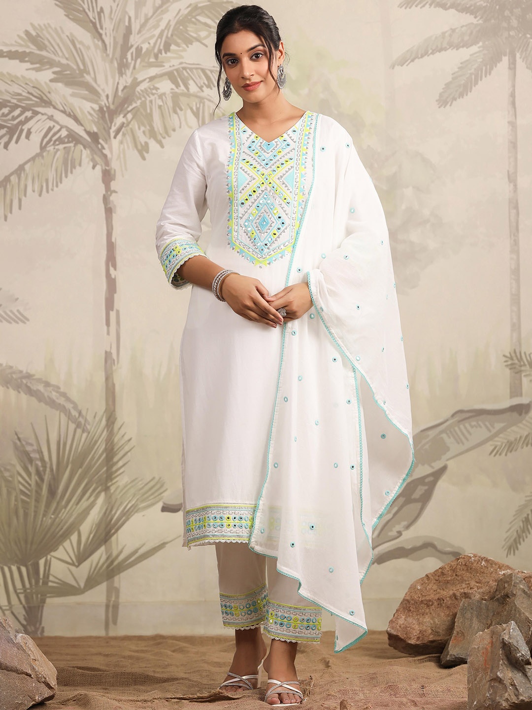 

SCAKHI Ethnic Motifs Embroidered V-Neck Pure Cotton Straight Kurta with Trousers & Dupatta, White