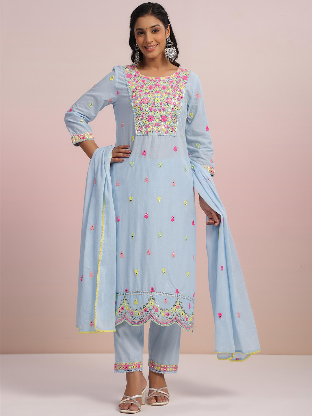 

SCAKHI Floral Embroidered Mirror Work Pure Cotton Straight Kurta With Trousers & Dupatta, Blue