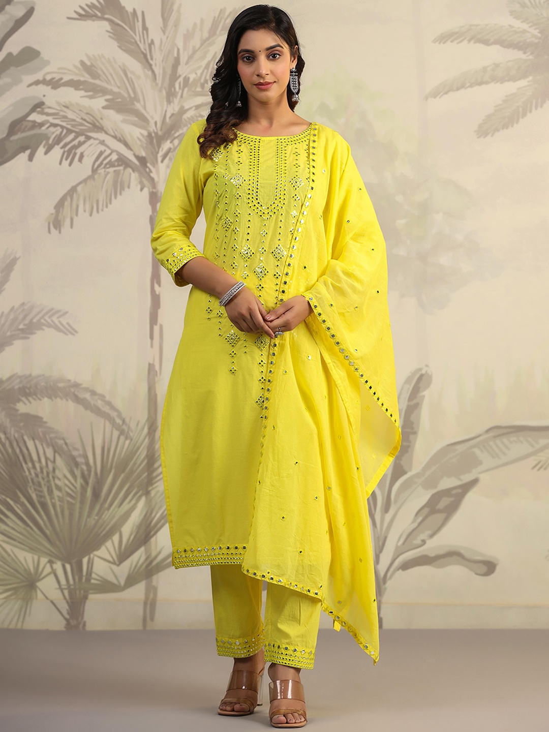 

SCAKHI Round Neck Embroidered Regular Mirror Work Pure Cotton Straight Kurta Set, Yellow