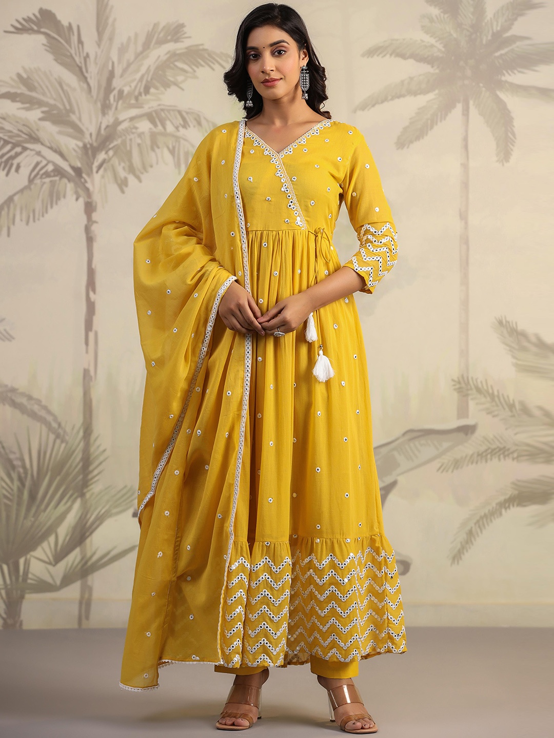 

SCAKHI V Neck Ethnic Motifs Embroidered Angrakha Pure Cotton Anarkali Kurta Set, Mustard