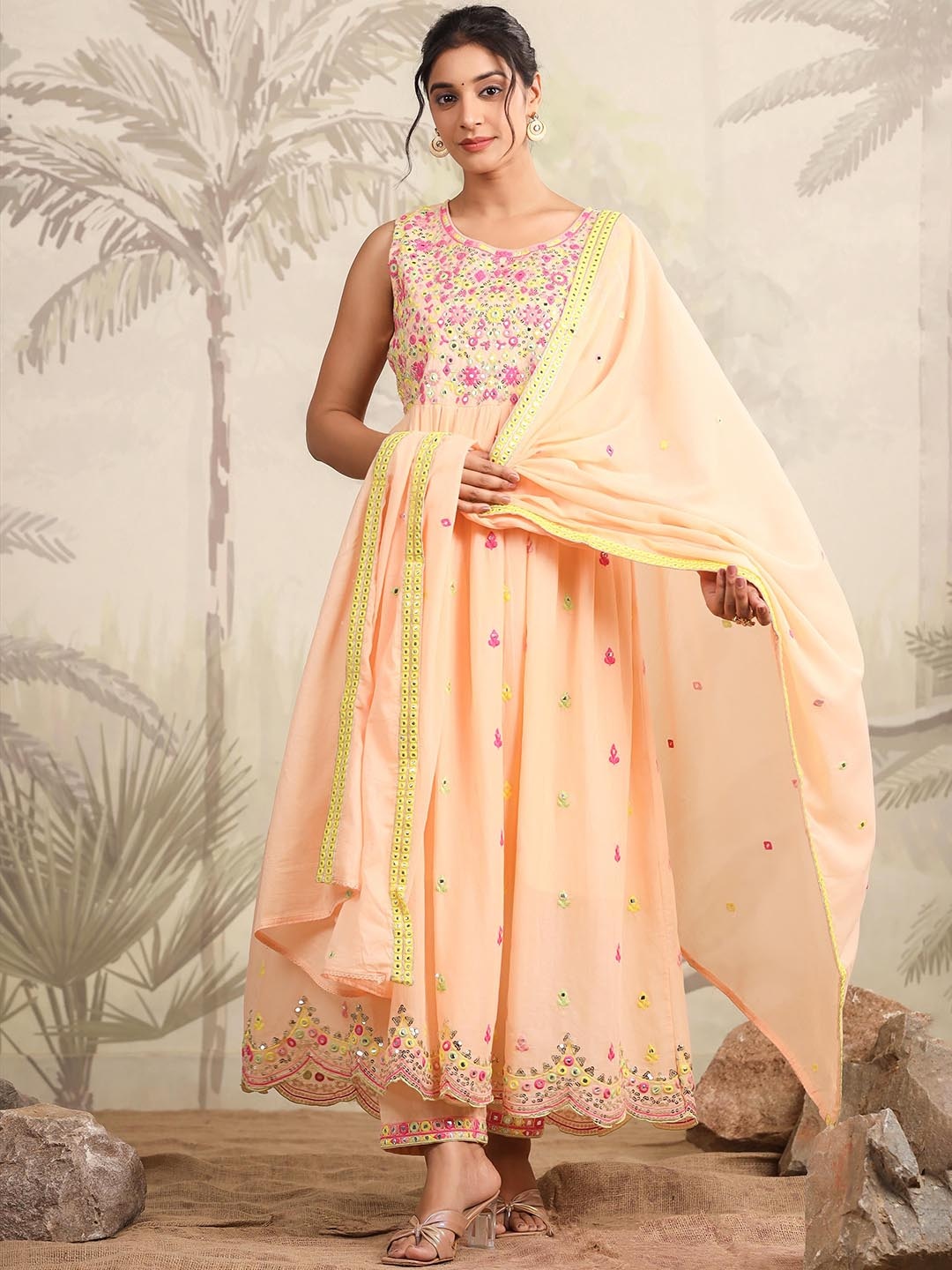 

SCAKHI Round Neck Floral Embroidered Empire Mirror Work Pure Cotton Anarkali Kurta Set, Peach