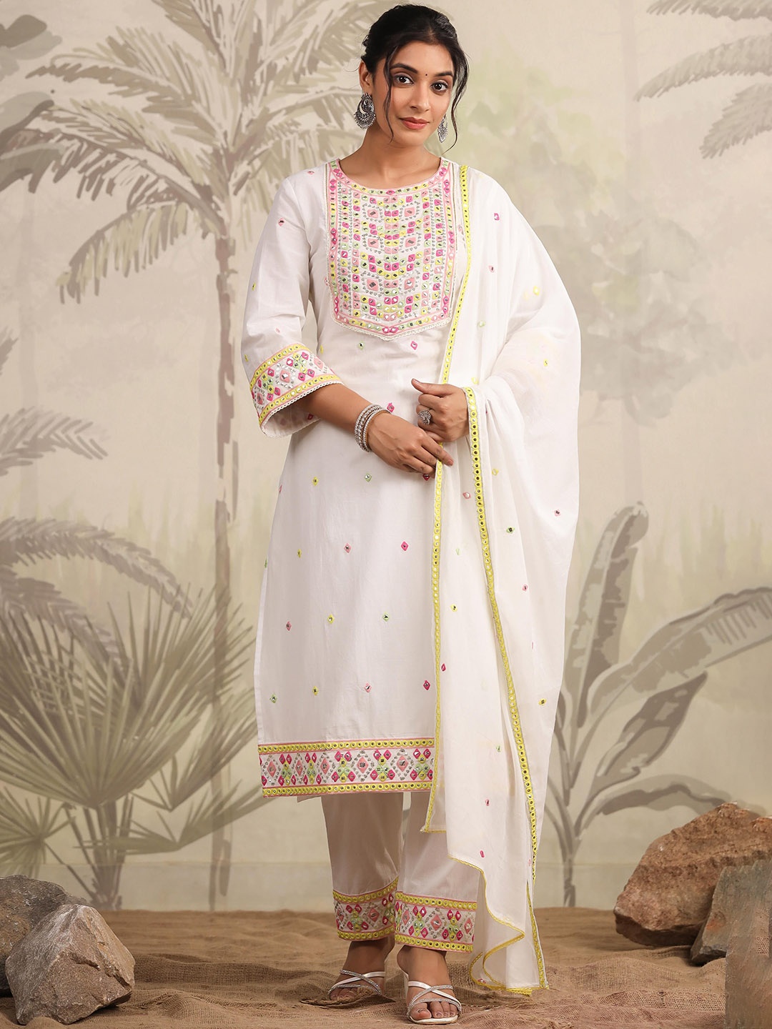 

SCAKHI Floral Embroidered Mirror Work Pure Cotton Straight Kurta With Trousers & Dupatta, White