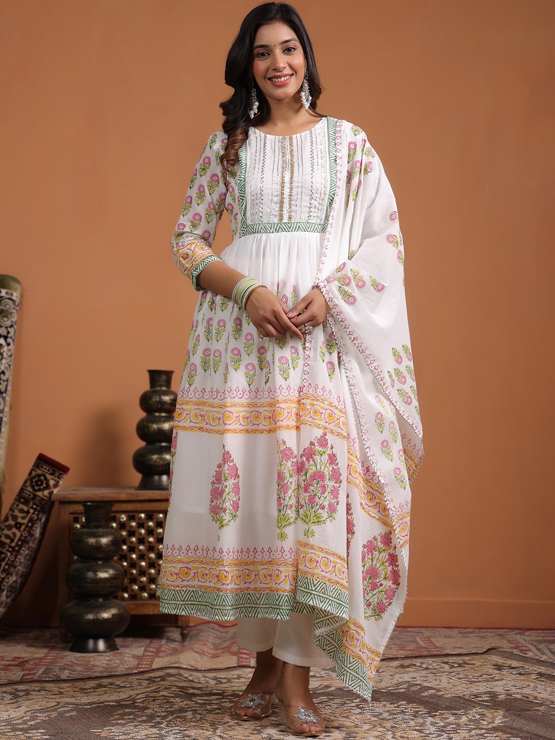 

SCAKHI Floral Printed Gotta Patti Mulmul Cotton Anarkali Kurta With Trousers & Dupatta, White