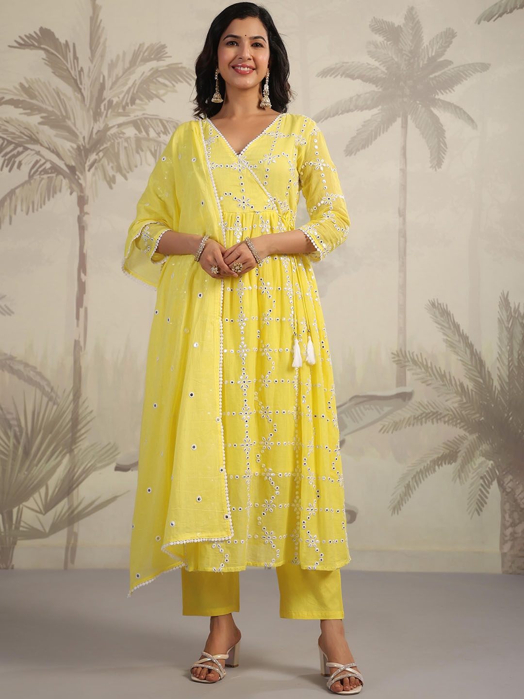 

SCAKHI Embroidered Mirror Work Mulmul Cotton Angrakha Kurta With Trousers & Dupatta, Yellow