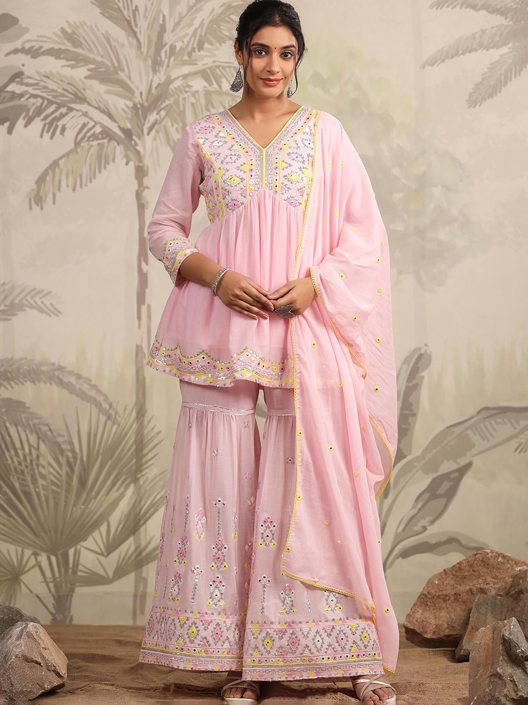 

SCAKHI V Neck Embroidered Empire Mirror Work Pure Cotton A-Line Kurta Set, Pink