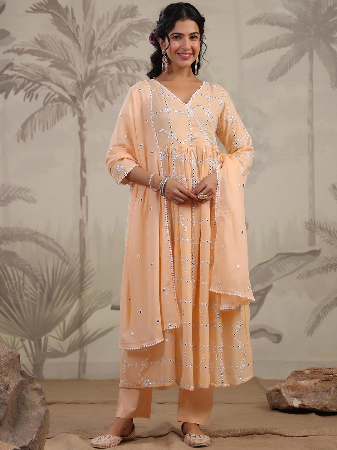 

SCAKHI V Neck Embroidered Angrakha Mirror Work Pure Cotton Anarkali Kurta Set, Peach